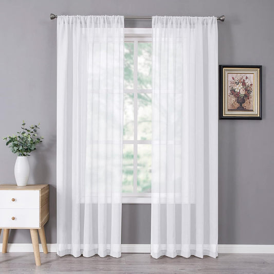 Tollpiz Sheer Curtains Linen Textured Bedroom Curtain Sheers Light Filtering Rod Pocket Voile Curtains for Living Room, 54 x 84 inches Long, White, Set of 2 Panels