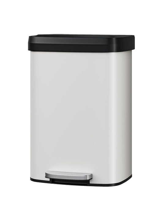 Garvee 13 Gallon / 50 Liter Metal Trash Can with Lid, Large Garbage Can for Kitchen, Rustproof Step-on Kitchen Metal Trash Bin with Liner Rim, Rear Handle, Soft Close Plastic Lid, White