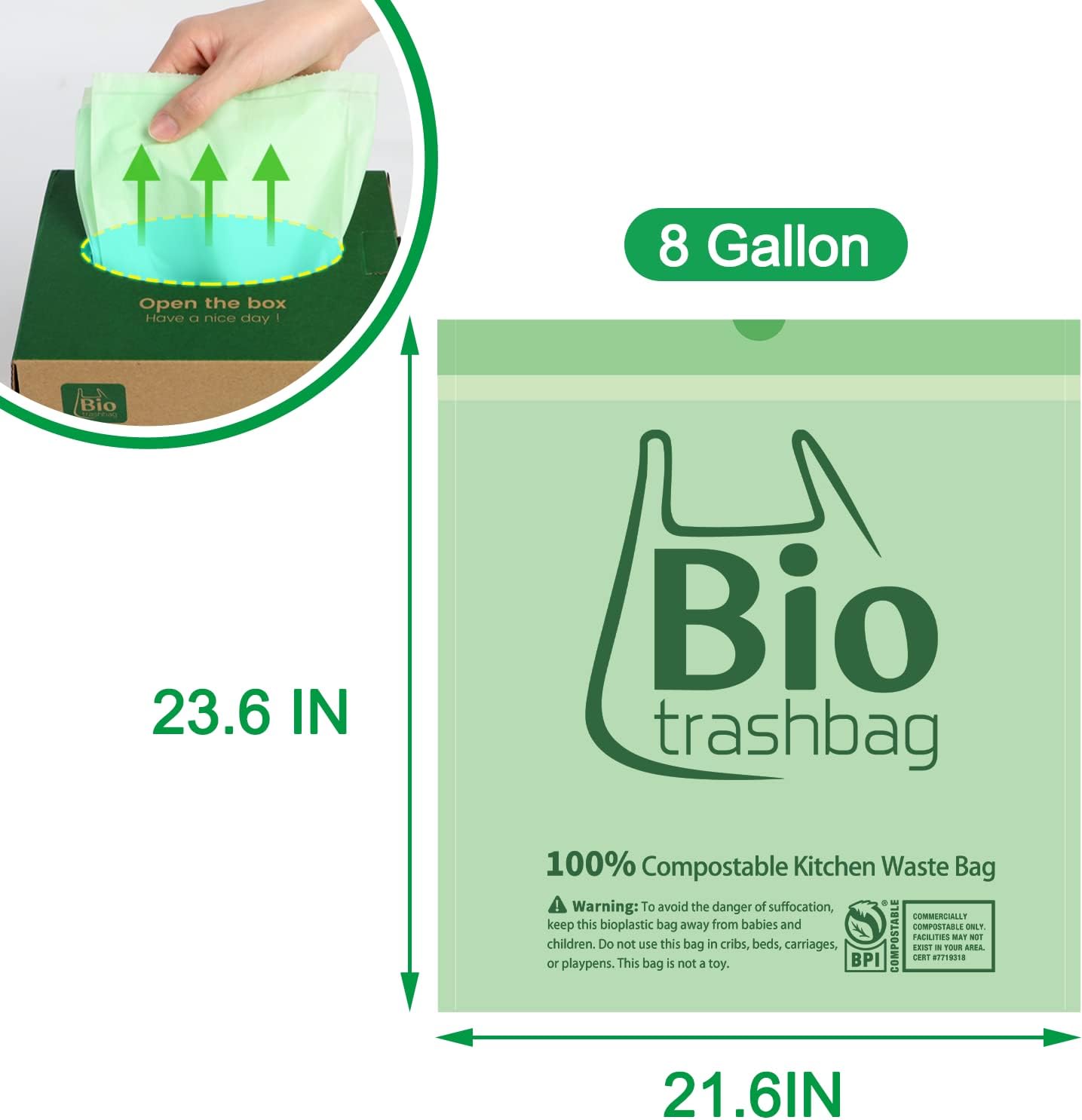 8 Gallon Compostable Trash Bags, 100 Count Drawstring Trash Bags Biodegradable, Heavy Duty Extra Thick Compost Bags, Kitchen Food Scrap Waste Bag, US BPI and OK Compost Home Certified