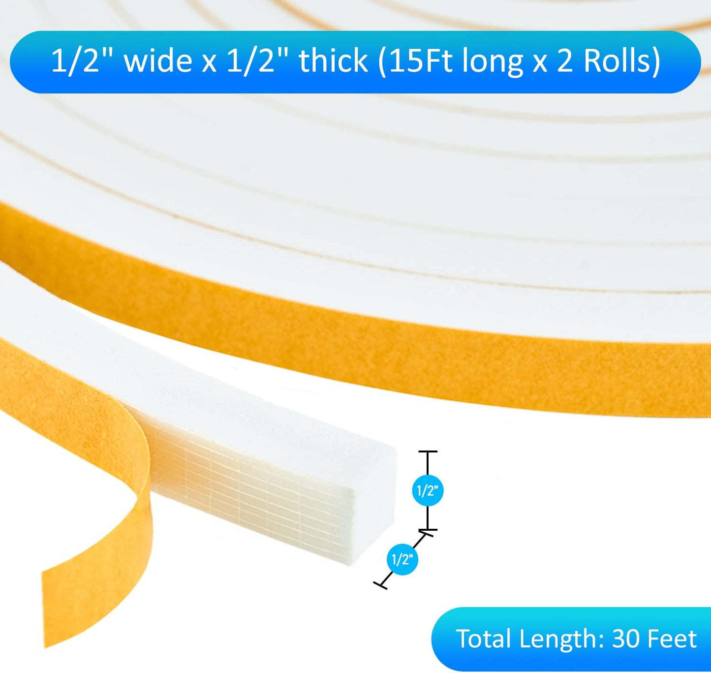 High Density Foam Weather Stripping Door Seal Strip Insulation Tape Roll for Insulating Door Frame, Window, Air Conditioner | Self Adhesive Sealing Weatherstrip (White, 1/2 in x 1/2 in x 30Ft)