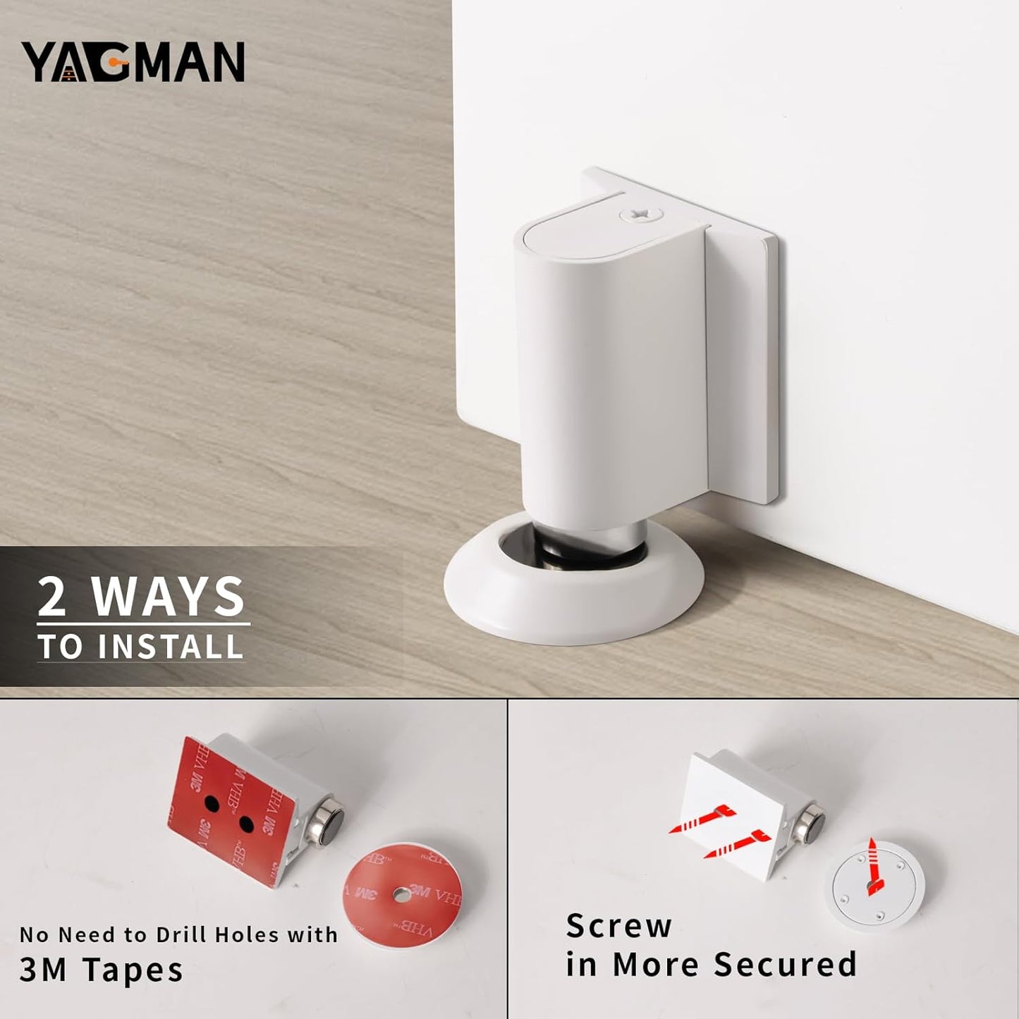 2 Pack Magnetic Door Stoppers Retractable Bottom of Door Holder No Drilling Mount Floor Door Stop with Screws and Adhesive Catch Door Keep Door Open White WT-2