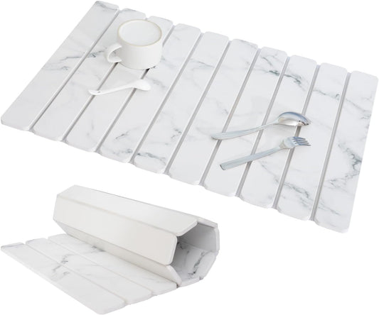 Stone Drying Mat for Kitchen Counter 24"×16" ,Large Dish Drying Mat with Drainage Grooves, Non-Slip Silicone Drying Mat, Absorbent Counter Protector for Dishes, Utensils