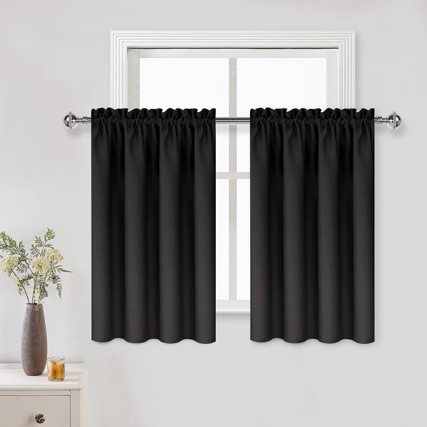 DWCN Blackout Curtains for Living Room Thermal Insulated, Energy Saving & Noise Reducing Bedroom Curtains, Black, W 52x L 36 Inch, Set of 2 Rod Pocket Curtain Panels