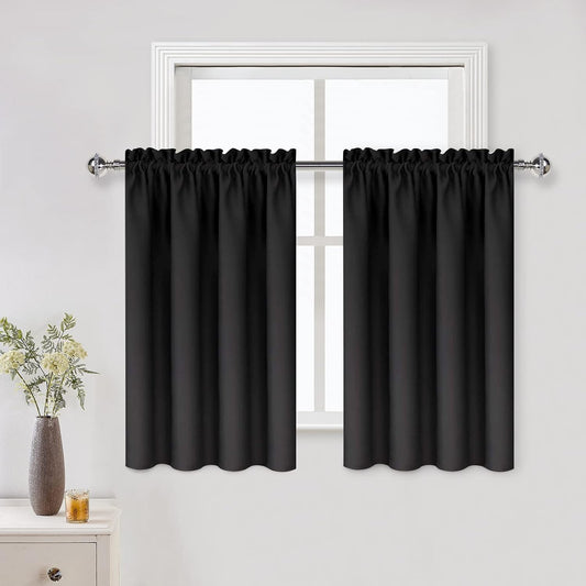 DWCN Black Short Blackout Curtains for Small Window, Thermal Insulated Energy Saving Room Darkening Curtains for Kitchen/Bedroom (W42 x L36 inch, Set of 2 Panels, Top of Rod Pocket)