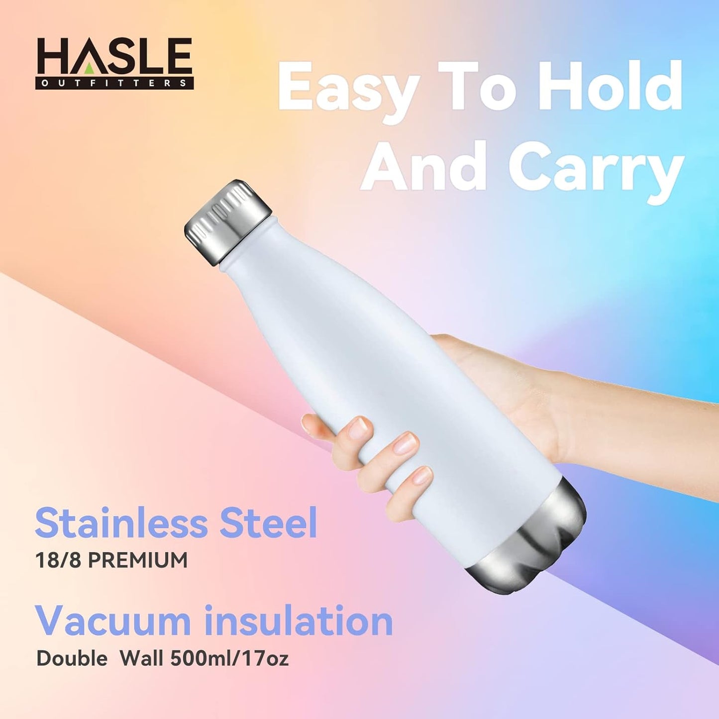 HASLE OUTFITTERS 17oz Stainless Steel Water Bottles, Vacuum Insulated Water Bottles Double Walled Powder Coated Reusable Metal Sports Water Bottles Keep Drinks Hot and Cold, White, 1Pack