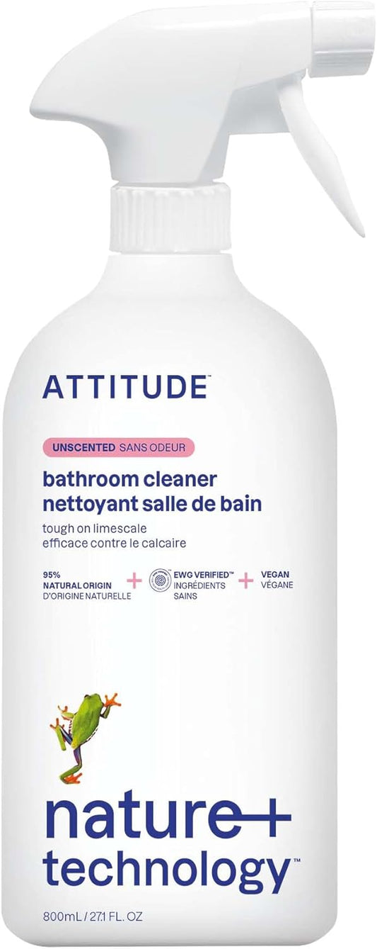ATTITUDE Bathroom Cleaner Spray, EWG Verified, Plant-Based & Vegan, Safe for Bathroom Surfaces, Tiles, Tubs, Shower Walls, and Grout, Unscented, 27.1 Fl Oz