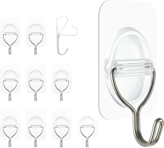 Adhesive Wall Hooks No Damage, Stick On Hooks for Hanging 10 Pack - Transparent Stainless Steel 5KG Heavy Duty, Waterproof Removable (3.5x5.3cm) Kitchen Bathroom Office, Ganchos para Pared