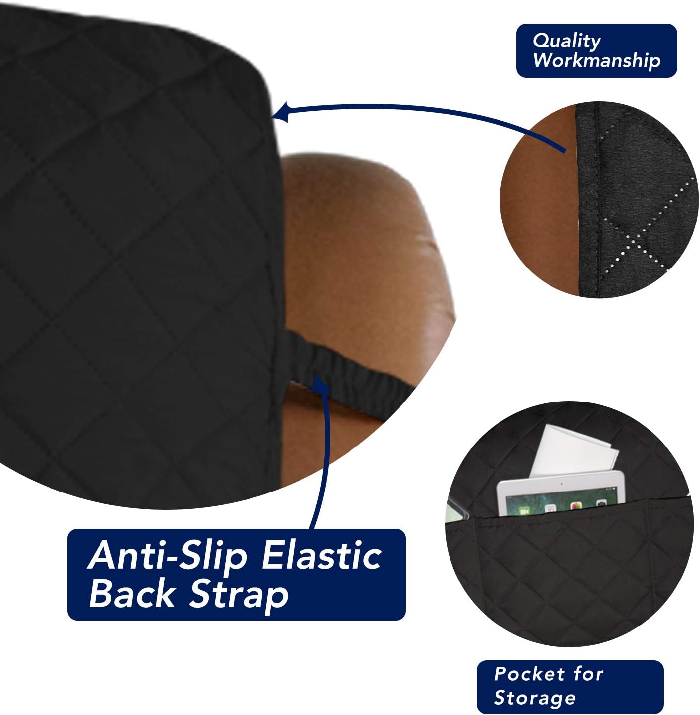 PureFit Reversible Quilted Oversized Recliner Sofa Cover, Water Resistant Furniture Protector, Washable Couch Cover with Elastic Straps for Kids, Dogs, Pets (Large, Black/Beige)