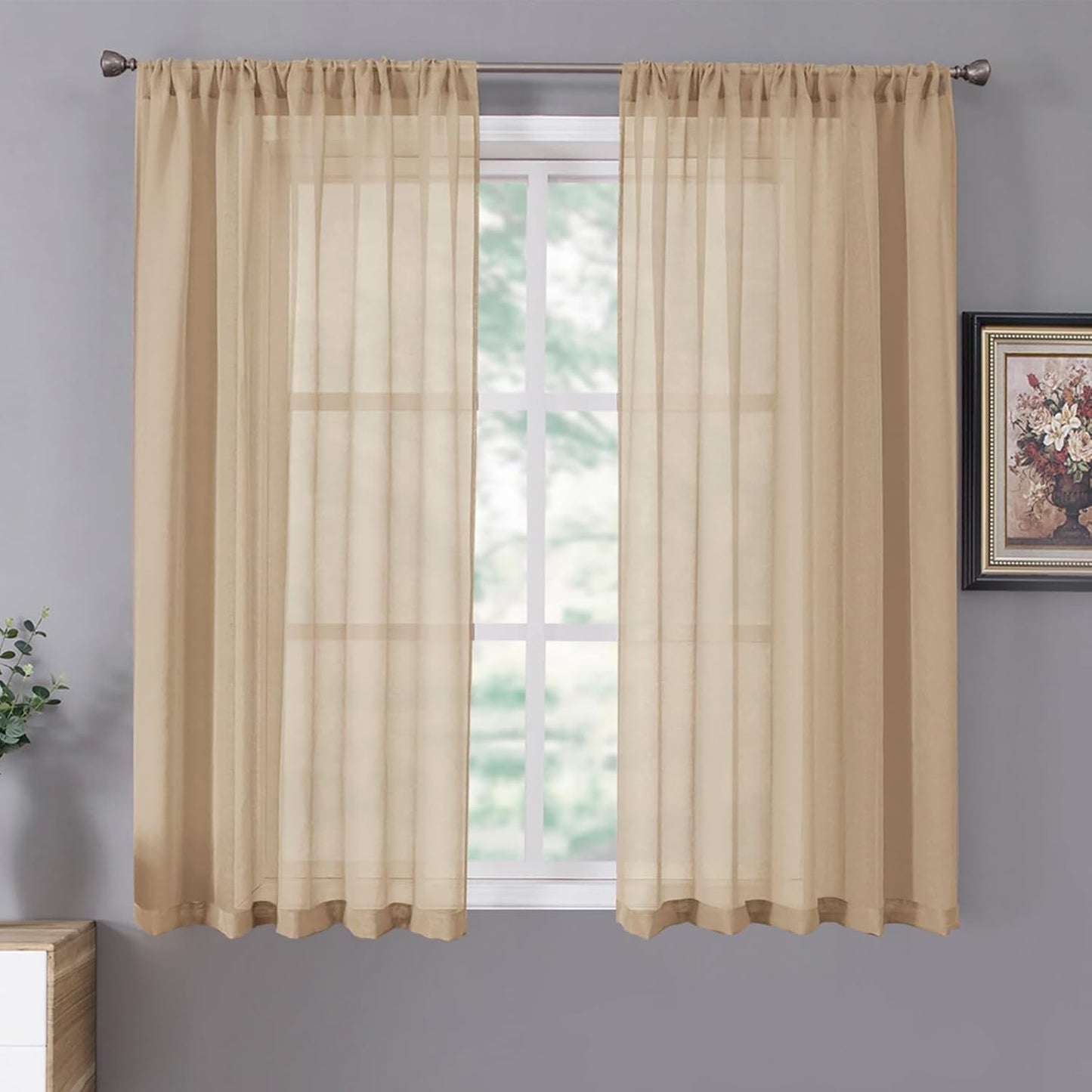 Tollpiz Short Sheer Curtain Living Room Linen Textured Curtains Sheer Light Filtering Voile Rod Pocket Curtain for Bedroom, 38 x 54 inches Long, Beige, Set of 2 Panels