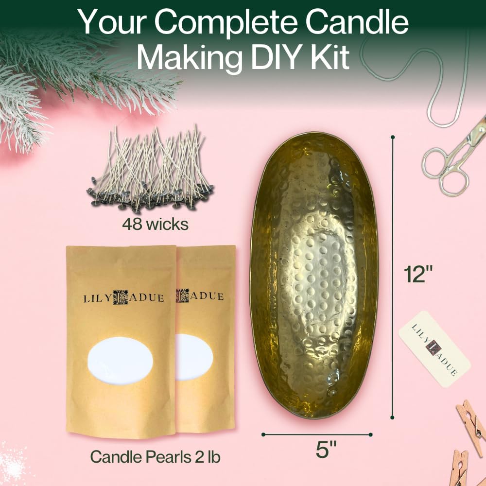 LILY LADUE Candle Refill Kit - 2Lb/32Oz Pearled Candles Sand and Wicks (48) and Hammered Gold Holder, Reusable Unique Sand Candles with Wicks for Candle Making, Bulk Unscented Pearl Wax Beads