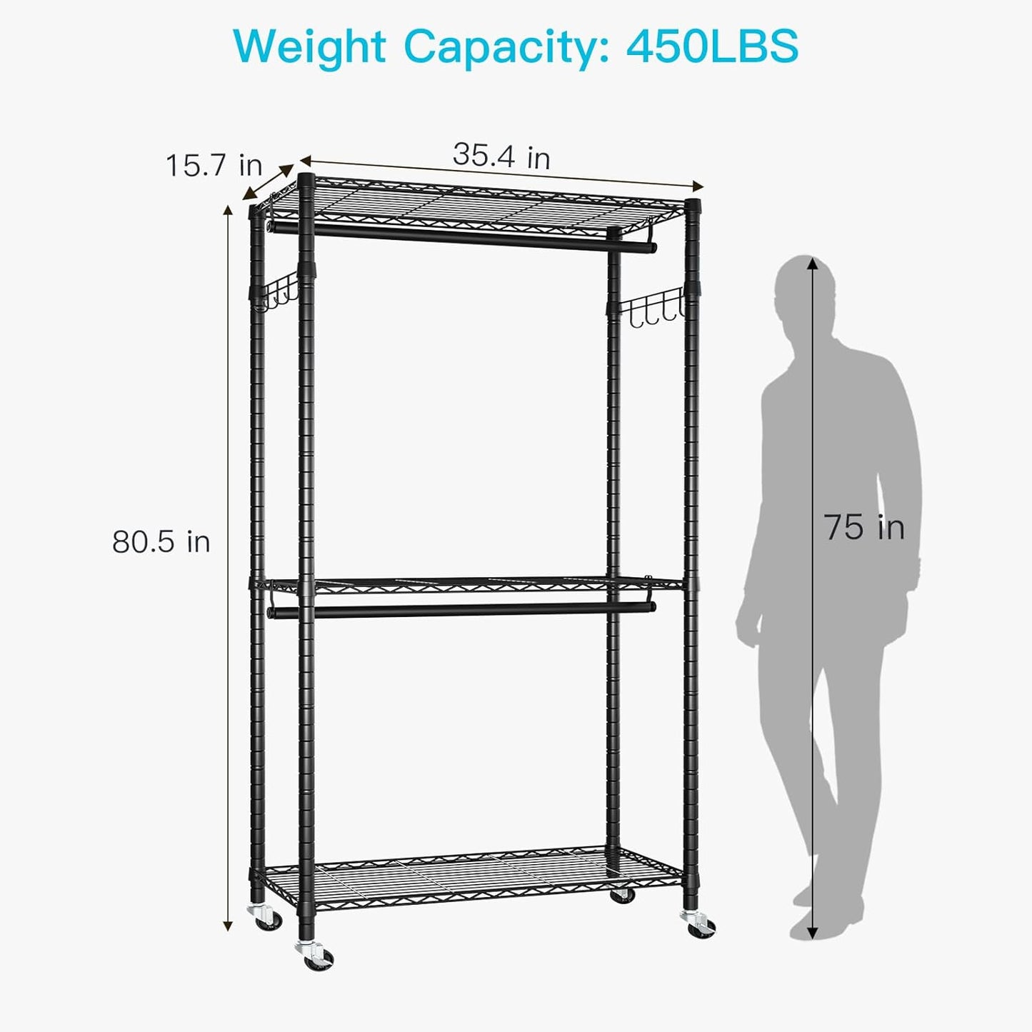 FUTASSI P1 Heavy Duty Garment Rack, 3 Tiers Adjustable Rolling Metal Closet Organizer with Lockable Wheels, FreeStanding Wardrobe with Double Hanger Rods & 1 Pair Hooks, Max Load 450 LBS, Black