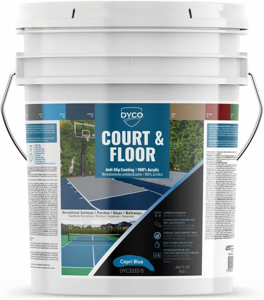 DYCO Court & Floor Anti-Slip Coating - Slip-Resistant Pavement, Cement & Concrete Paint for Pickleball, Tennis & Basketball Courts, Exceeds ADA Standards for Safety Areas (Capri Blue, 5 Gallons)