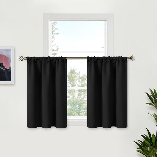 BGment Small Black Curtains Half Window for Kitchen 36 Inch Length - Rod Pocket Short Blackout Drapes for Bathroom Cafe RV Privacy, 2 Panels, 29 x 36 Inch