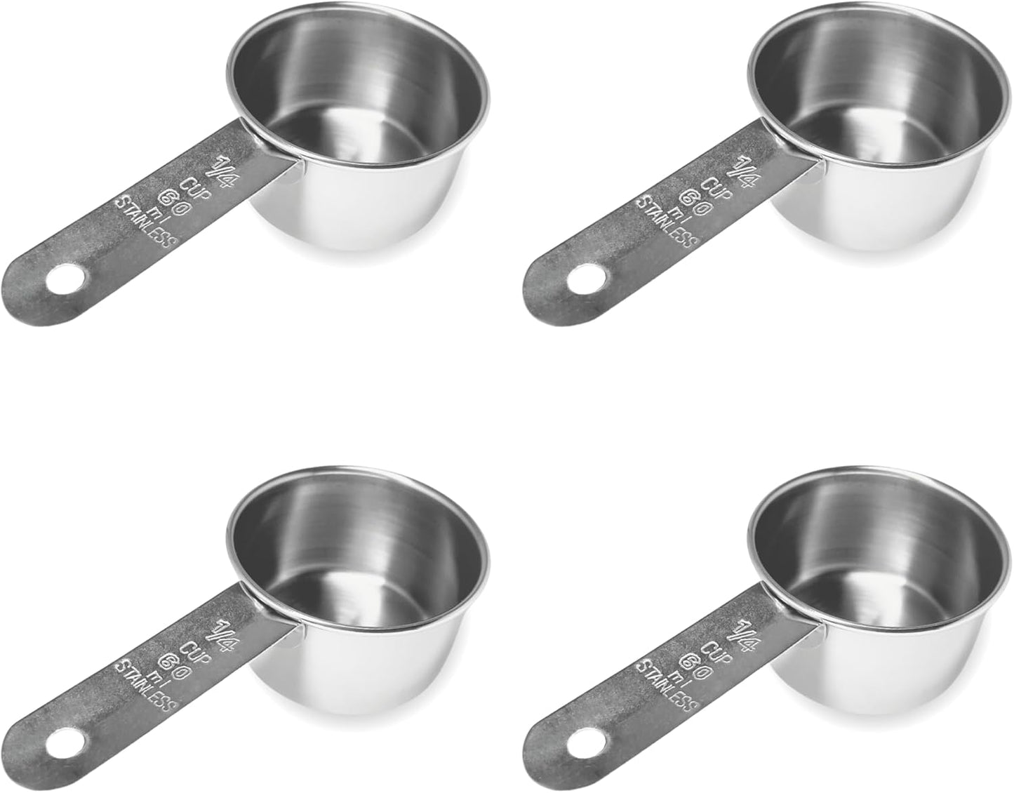 1/4 Cup Stainless Steel Measuring Cup | Sturdy Metal 60 ml | 60 cc | 2 oz | Single Cup for Wet and Dry Ingredients | Great for use as 1/4 Cup Dog Food Scoop - 4 PK