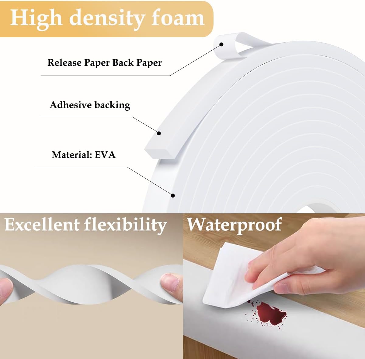Weather Stripping Door Seal White,1/2Inch Wide X 1/4 Inch Thick,Air Conditioner Window Seal,Self Adhesive Foam Tape High Density Foam Sealing Strip,Soundproof Foam Tape Roll,2 Rolls Total 32.8Ft