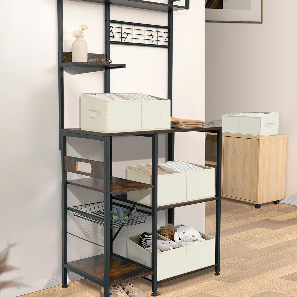 DIMJ Closet Storage Bins, 6 Pack Storage Baskets for Shelves, Foldable Shelf Organizer with Handle, Linen Closet Organizers and Storage for Clothes, Toys, Towel, Books (Beige),