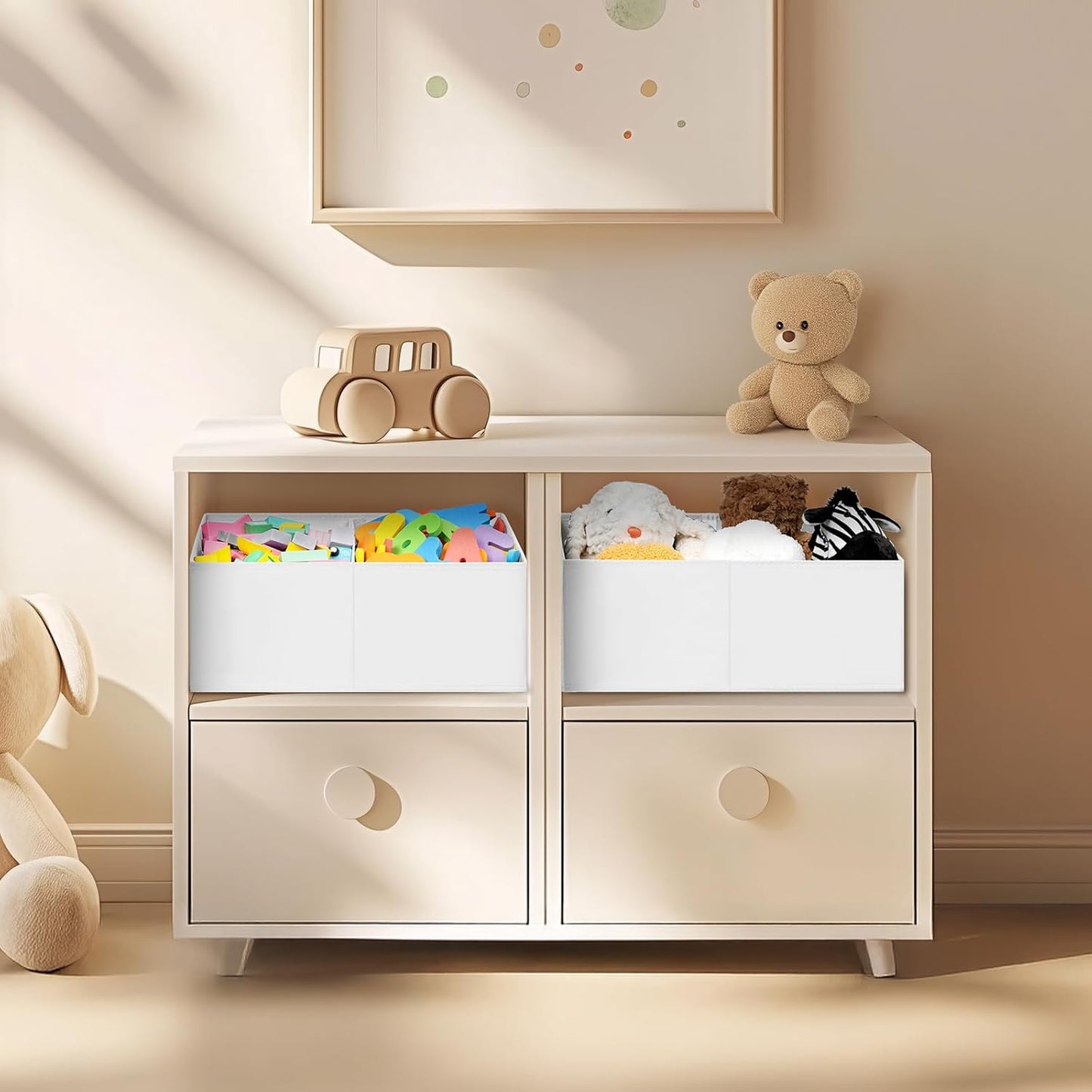 DIMJ Large Closet Shelf Organizer Bins 4 Packs with Handles and Divider, Fabric Trapezoid Storage Baskets, Foldable Clothes Containers Box for Shelf, Towel, Book, Toy, Purse, Hats, White