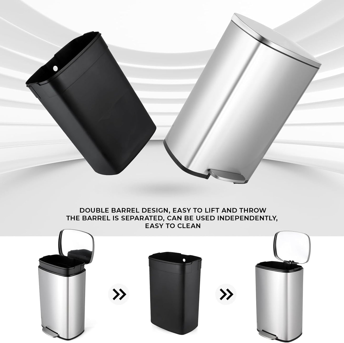 8 Gal Kitchen Trash Can, 30L Recycling or Garbage Bin, Brushed Stainless Steel Waste Basket, Soft&Quiet Close Dustbin, with Step-On Pedal, Removable Inner Bucket, for Home, Office, LIving Room