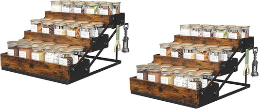 3 Tier Foldable Spice Rack Organizer for Countertop, Step Shelf with Spice Jars for Kitchen Cabinet Drawers Seasoning Rustic Wooden Spice Holder for Home, Cupboard or Door - 2PCS