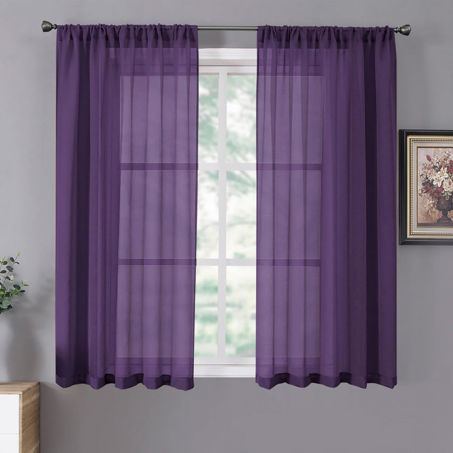 Tollpiz Short Sheer Curtains Linen Textured Living Room Curtain Sheers Light Filtering Rod Pocket Voile Curtains for Bedroom, 42 x 45 inches Long, Royal Purple, Set of 2 Panels