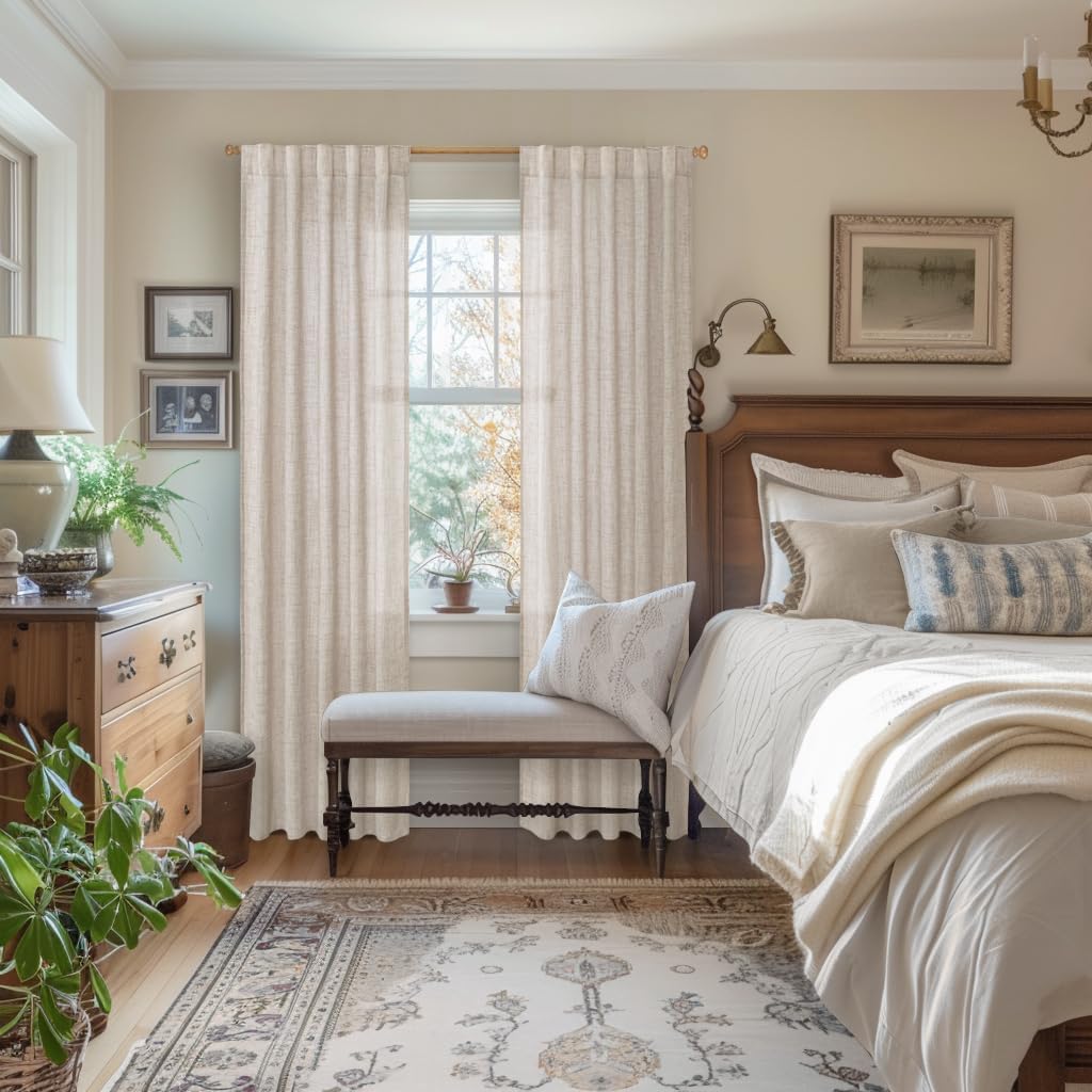 YoungsTex Natural Linen Curtains 84 Inch Length 2 Panels Rod Pocket Light Filtering Textured Window Drapes with Ring Clips for Living Room Dining Bedroom, 38 X 84 Inches