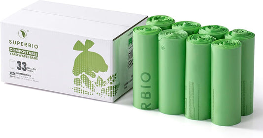 SUPERBIO 33 Gallon Compostable Yard Waste Bags, Lawn & Leaf Bags, Extra Thick 1.57 Mil (120 Count Bulk), BPI and OK compost INDUSTRIAL