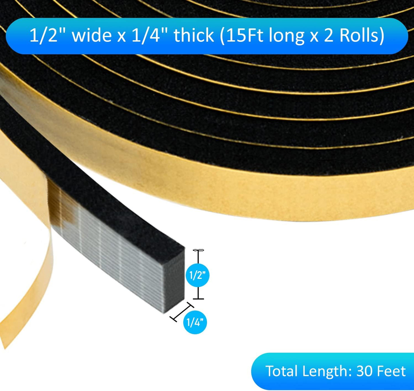 High Density Foam Weather Stripping Door Seal Strip Insulation Tape Roll for Insulating Door Frame, Window, Air Conditioner | Self Adhesive Sealing Weatherstrip (Black, 1/2 in x 1/4 in 30 Ft)