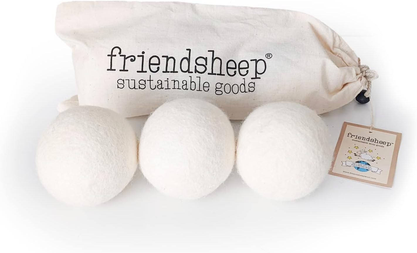 Friendsheep Wool Dryer Balls, Organic Reusable Fabric Softener Alternative for Laundry, Handmade, Fair Trade, Hypoallergenic, Eco-Friendly, Plastic-Free (3 Pack XL – White Trio)