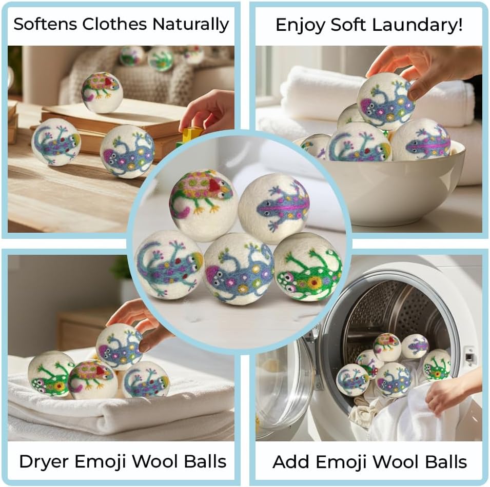 Ezhippie Quality Wool Dryer Balls - 6 XL Lizard Pack - 1000+ Loads - Pure Organic Wool - Reusable Natural Fabric Softener Perfect with Essential Oils, Reduce Clothing Static and Wrinkles
