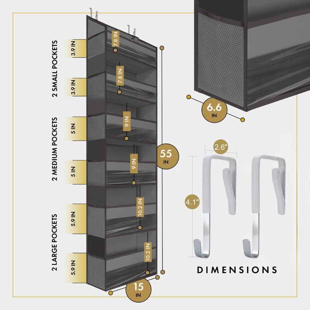 HOMELUX THEORY 2PC Heavy Duty Over the Door Organizer 55x14x6.7, 6 Large Front & 12 Mesh Pockets, Hanging Storage Closet Door Organizer for Bedroom, Bathroom and Baby Nursery Storage (Dark Gray)