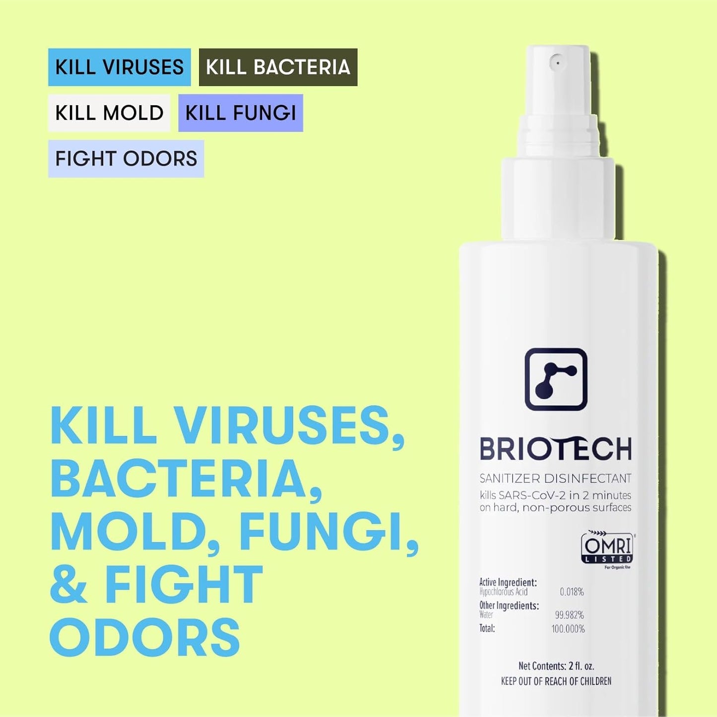 BRIOTECH Sanitizer Disinfectant Hypochlorous, Kill 99.99% of Viruses & Bacteria, Control Mold, Eliminate Odor, Gentle for Nursery & Play Rooms, Food Contact Surface Sanitizer, 1 Gallon Refill (2 Pack)