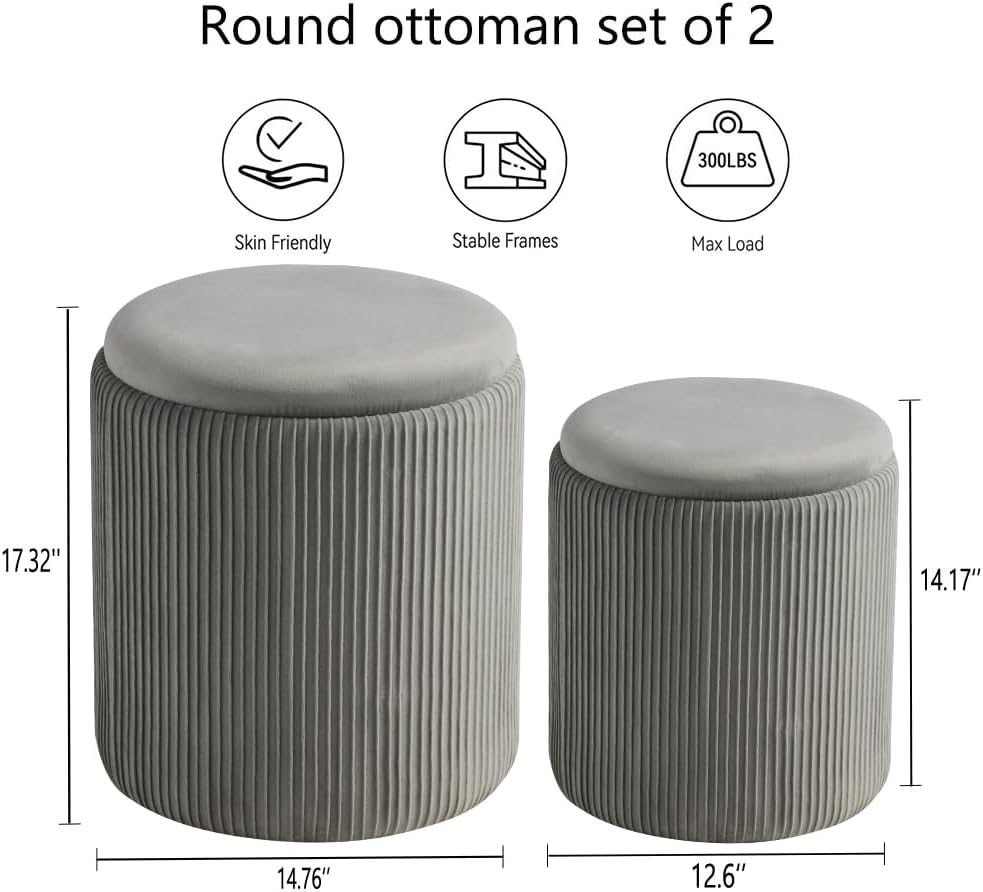 Round Set of 2 Ottoman with Storage-Upholstered Velvet Vanity Stool for Makeup Multifunctional Ottomans Coffee Table Padded Seat Foot Rest for Living Room&Bedroom (Ligth Grey)