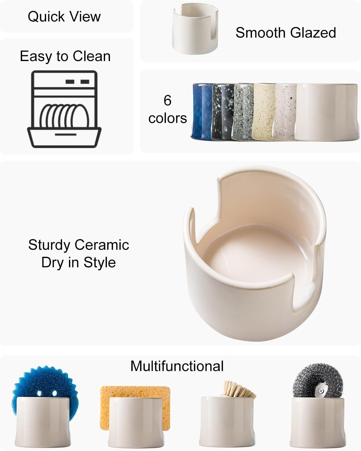 Sponge Holder for Kitchen Sink, Ceramic Dish Sponge Drying Caddy Scrubby Daddy Kitchen Organizer Cute Dish Rack for Sink Counter, Beige White