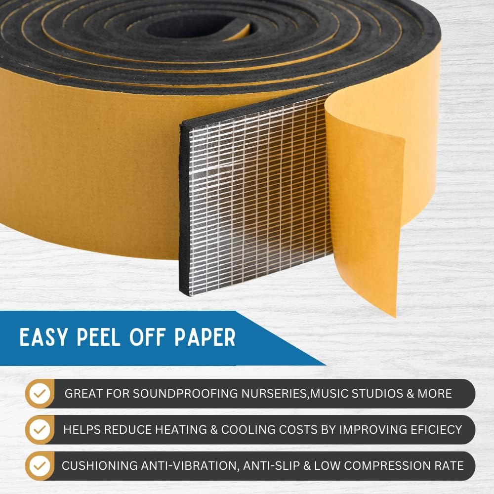 High Density Foam Weather Stripping Door Seal Strip Insulation Tape Roll for Insulating Door Frame, Window, Air Conditioner | Self Adhesive Sealing Weatherstrip (2 in x 1/16 in x 10 Ft, Black)