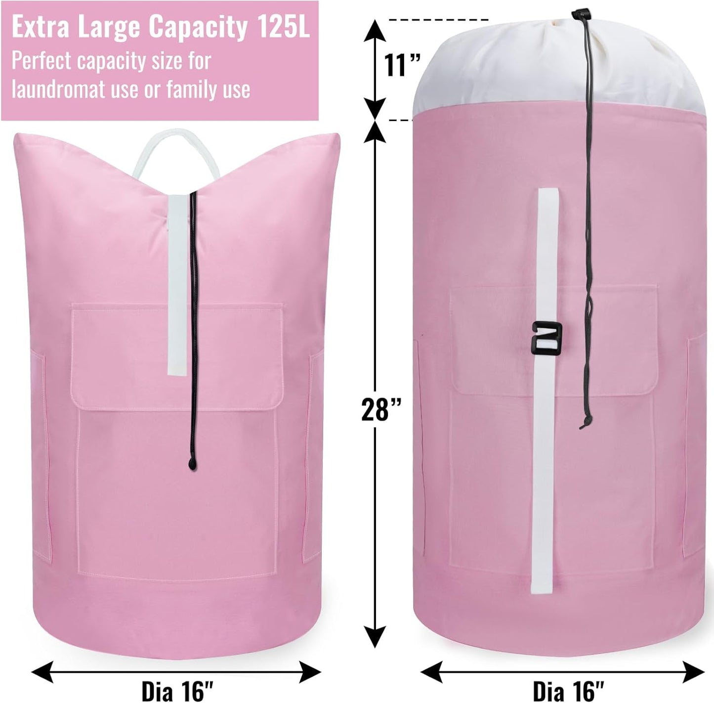 Laundry Bag Backpack, 125L Extra Large Travel with Shoulder Straps, Adjustable & Extendable Design, Laundry Hamper Bag with 3 Pockets for Laundromat, College, Travel, Camping (Pink)