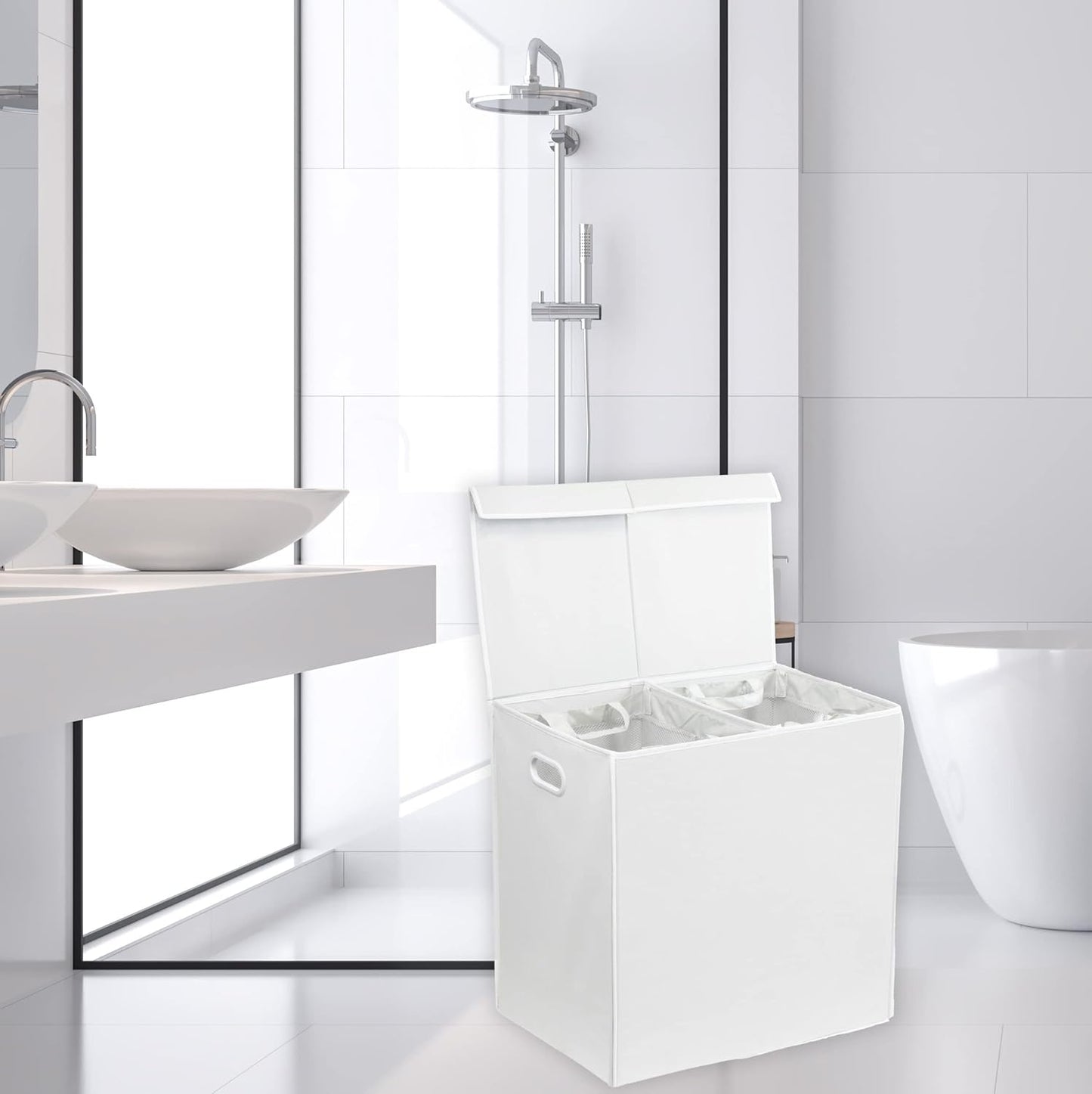 Simple Houseware Double Laundry Hamper with Lid and Removable Bags, White