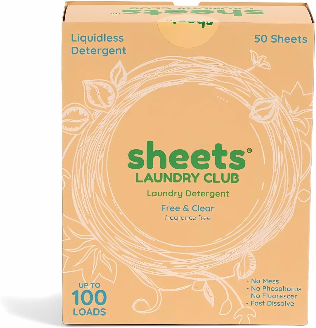 Sheets Laundry Club Laundry Detergent Sheets, 100 Loads - Fragrance Free Scent, Eco-Friendly, Quick-Dissolving Formula, Hypoallergenic, Septic Safe, Plastic-Free Packaging - 50 Sheets