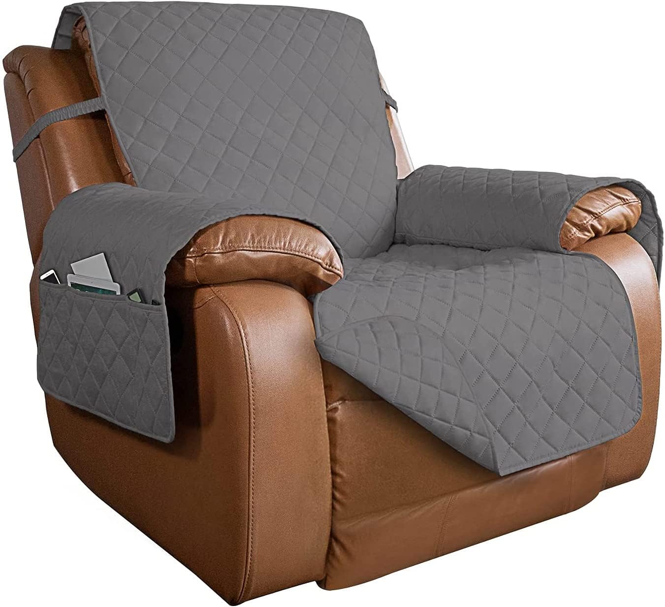 PureFit Reversible Quilted Sofa Cover, Water Resistant Slipcover Furniture Protector, Washable Couch Cover with Non Slip and Elastic Straps for Kids, Dogs, Pets (Oversized Recliner, Gray/Gray)