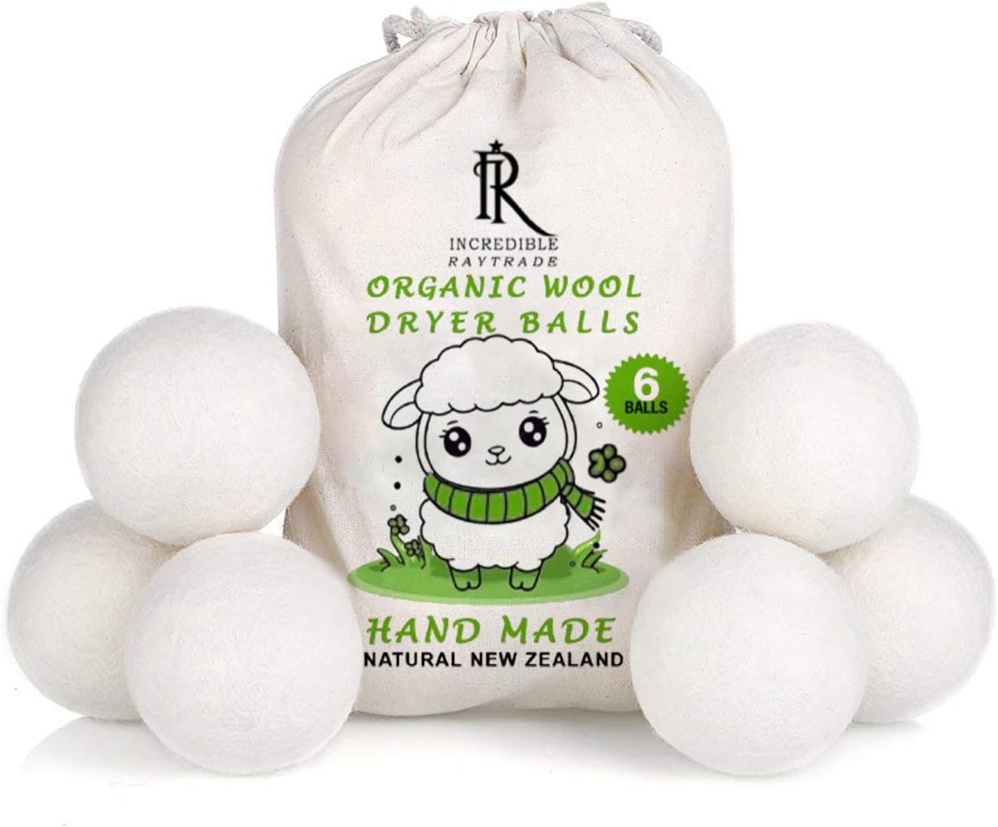 RAYTRADE Wool Dryer Balls 6-Pack 100% Made of Organic New Zealand Wool Reduces Clothing Wrinkles and Saves Drying Time Reusable Natural Fabric Softener Stocking Stuffer Gifts