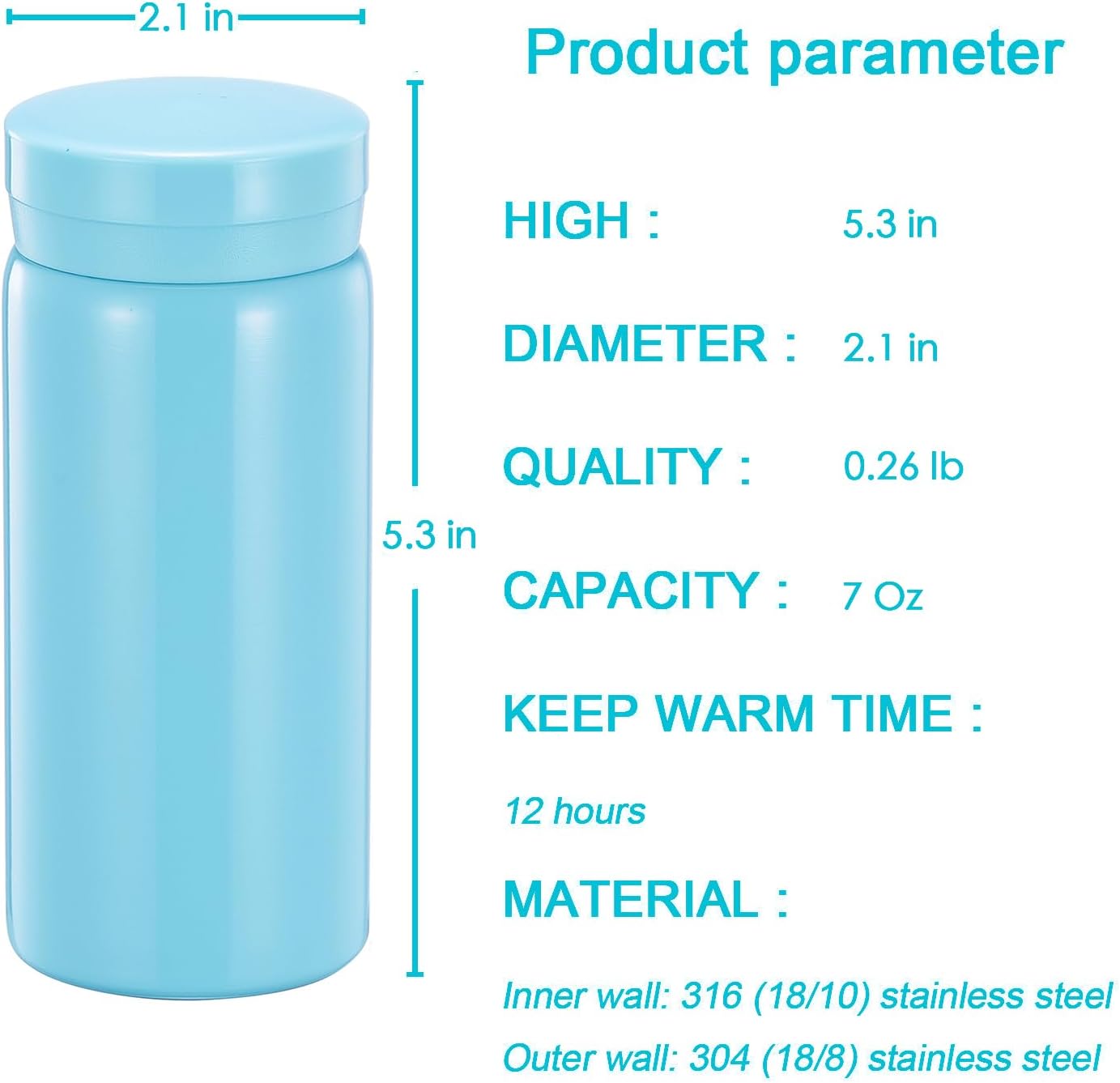 Mini Thermos Cute Water Bottle - 7 oz Tiny Insulated Vacuum 18/10 Stainless Steel Small Flask - Leak Proof & Spill Proof & Keeps Cold and Hot for Drink, Coffee, Tea - Light Blue