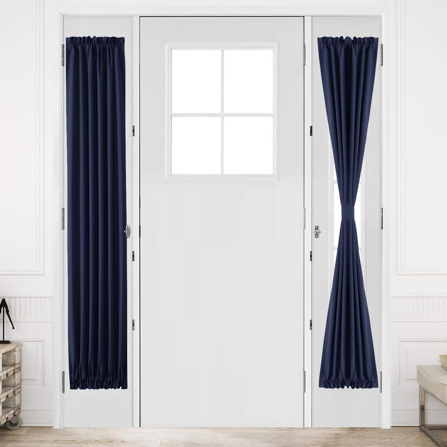 DWCN French Door Curtains – Rod Pocket Thermal Blackout Curtain for Doors with Glass Window, Kitchen and Patio Doors for Privacy, 12 X 72 Inches Long, 1 Curtain Panel with Tieback, Navy Blue