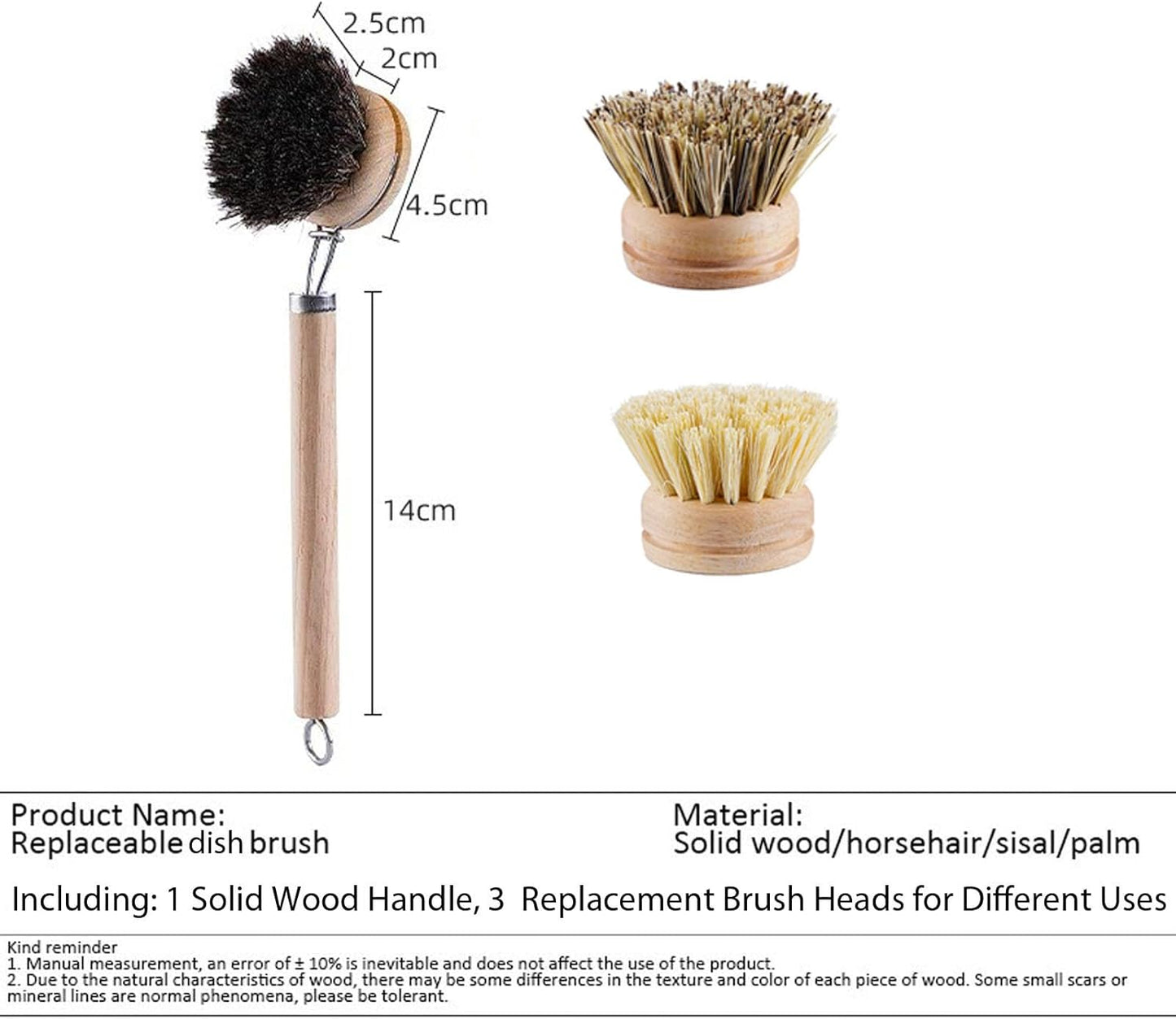 Bamboo Dish Brush with Handle, 1 Sturdy Wooden Handle with 3 Natural Bristle Heads, Horsehair, Sisal, Palm - All Purpose Kitchen Scrubber, Bamboo Wok Brush, Fruit and Veggie Scrubber