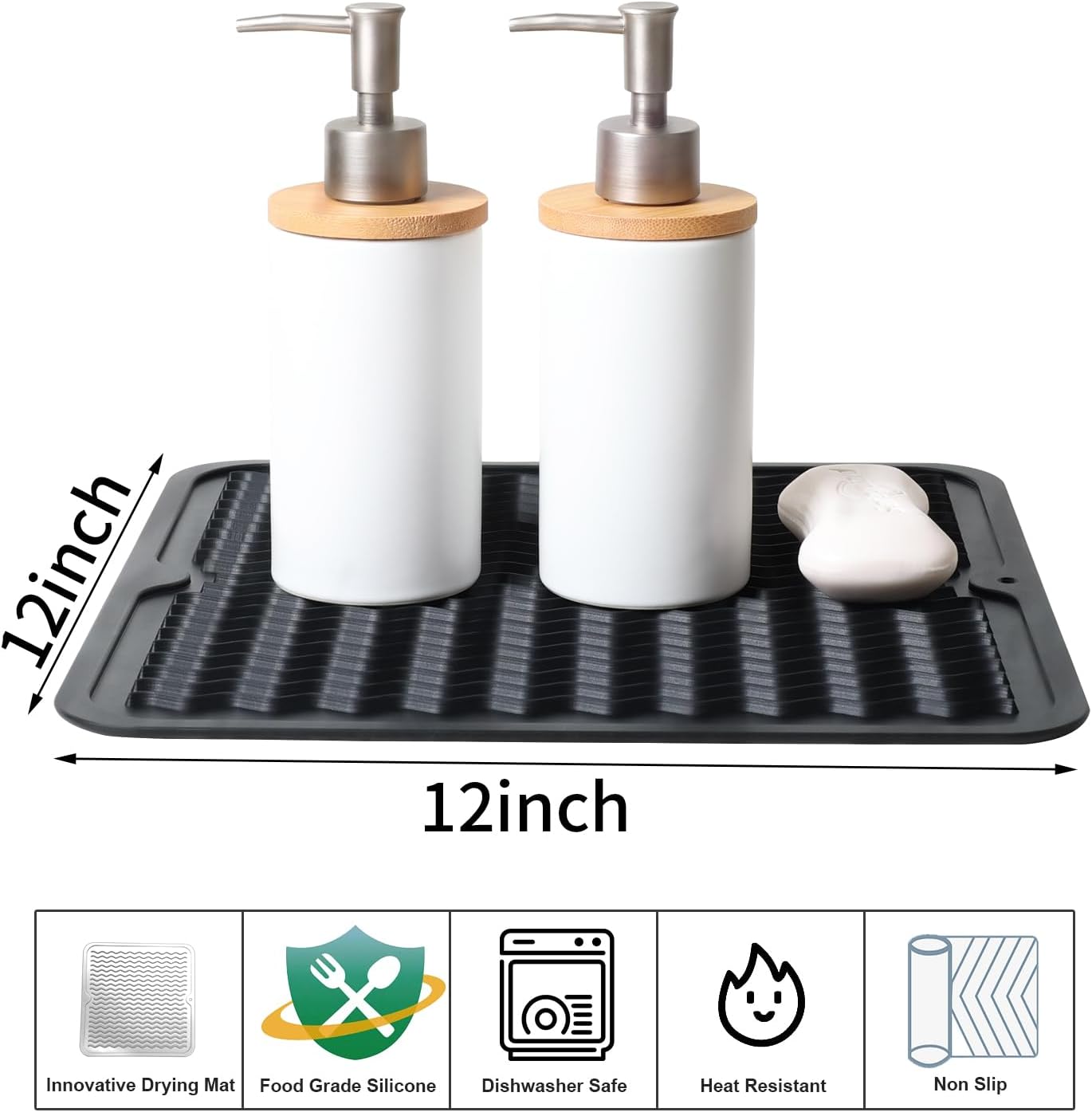 ZLR 2 Pcs Silicone Dish Drying Mats for Kitchen Counter, Eco-Friendly Fast Dry Dish Mat, Easy Clean Multi Usage Drying Matt, Heat Resistant Trivet, 12" x 12" Middle, Black