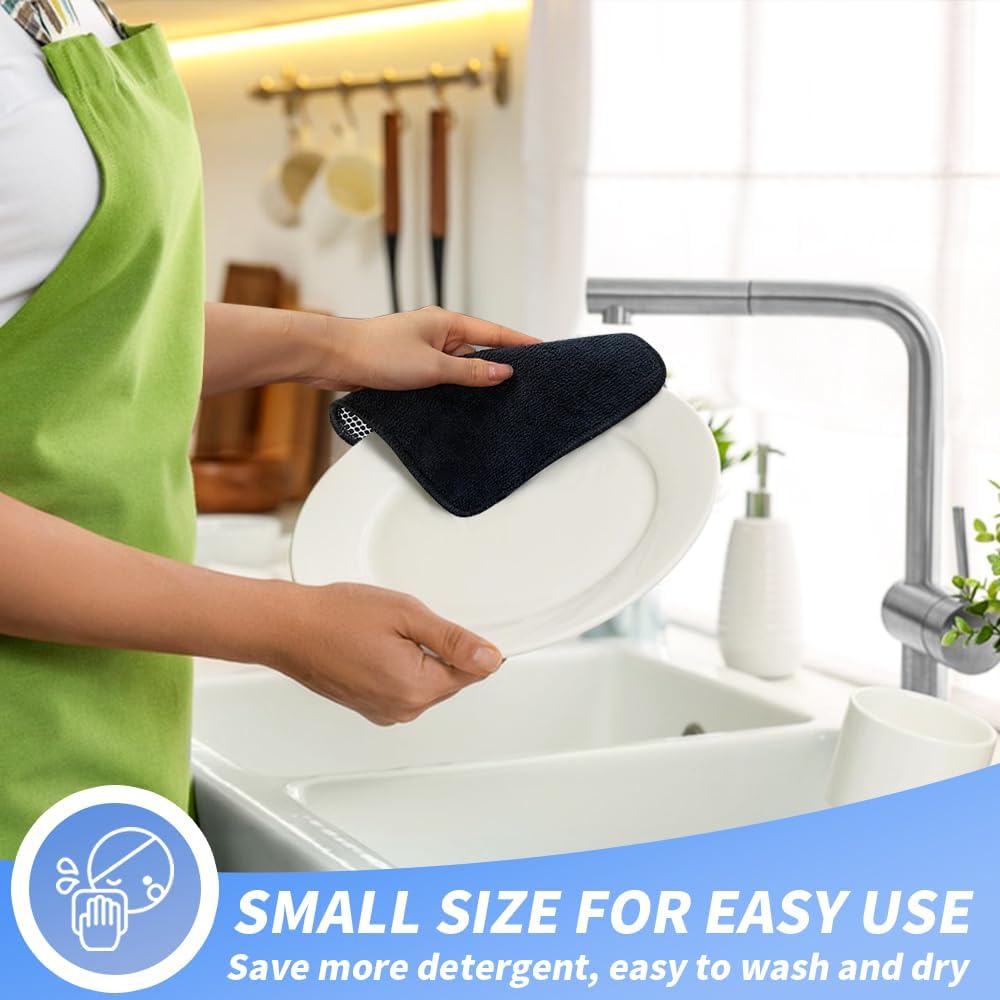 KinHwa Kitchen Washcloths for Dishes Absorbent Microfiber Dish Cloths Quick Dry Dish Rags with Poly Scour Scrub Side Ideal for Kitchen Cleaning (Black, 7inchx7inch 9 Pack)