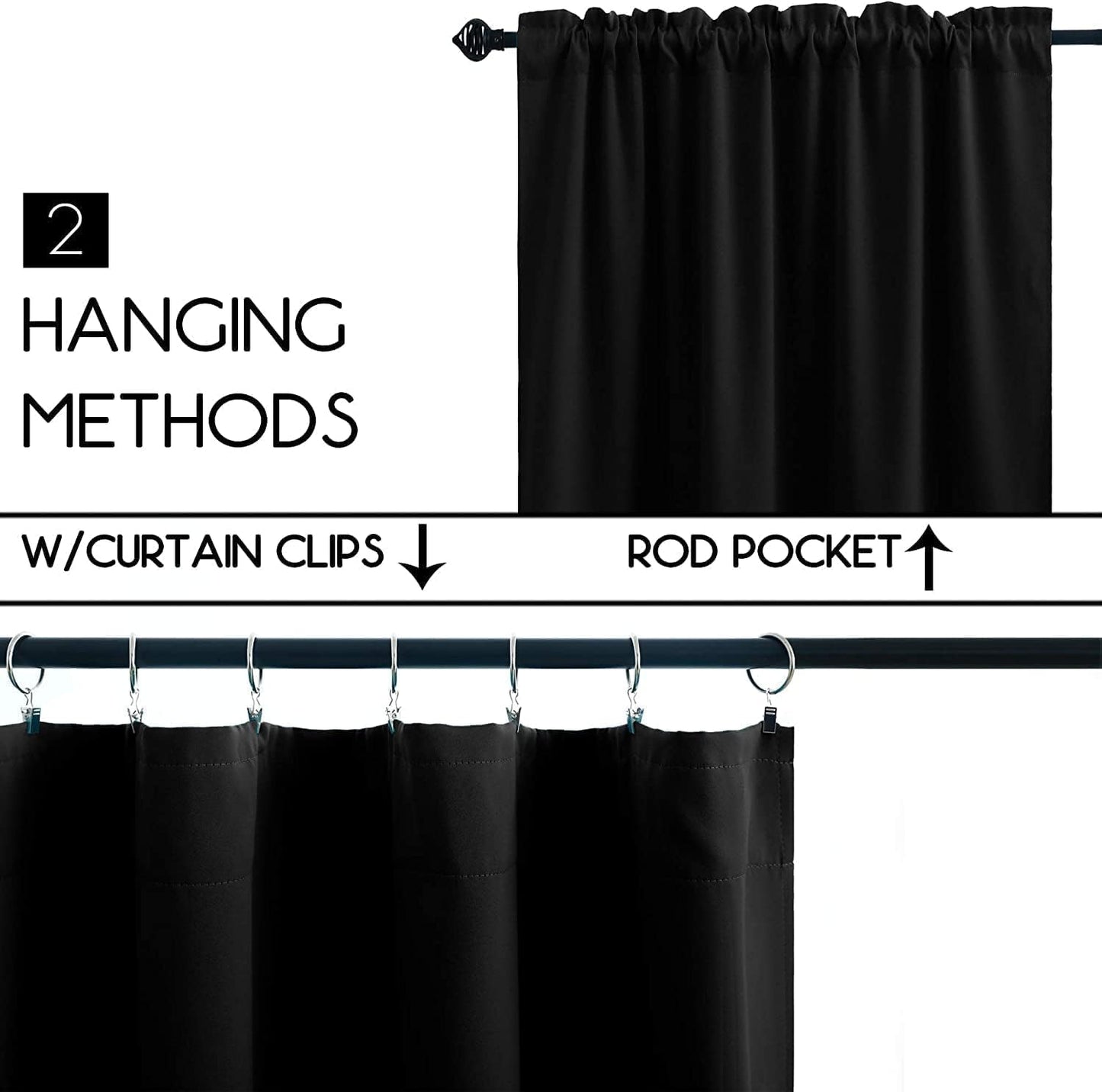 Pickluc Rod Pocket Tier Curtain - Half Blackout Curtain for Kitchen, Bathroom, Cabinet, Basement, 42 Inches Wide and 24 Inches Long, Black, 2 Panels