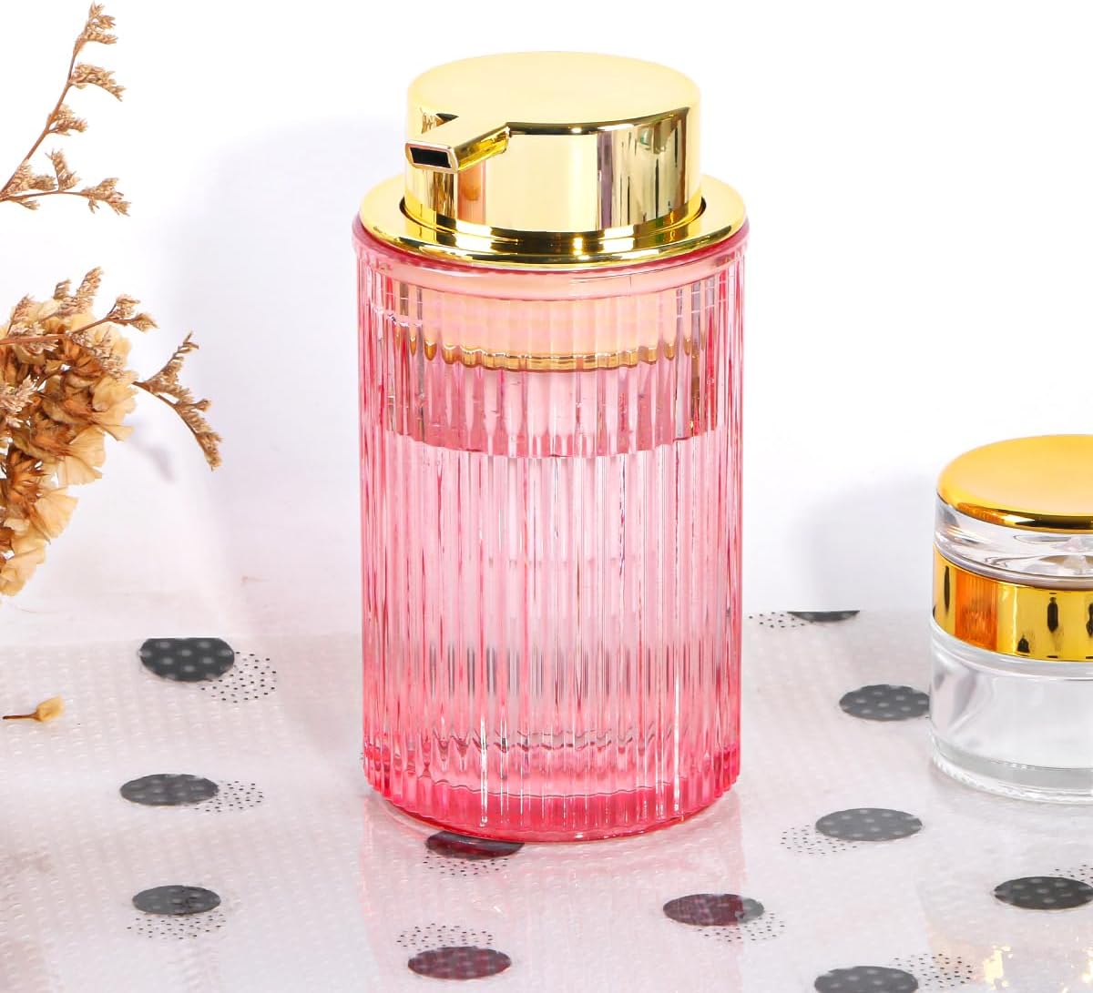 Pink Foaming Soap Dispenser, 12 Oz Glass Foaming Hand Soap Dispenser with Gold Pump, Bathroom Refillable Liquid Lotion Container Pump Ribbed Bottle for Kitchen Bathroom Decor, 1pc