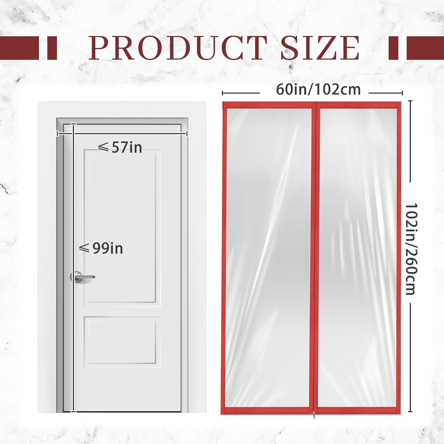 Amylove Zipper 60 x 102 Inch Dust Barrier Kit Red Edged Temporary Construction Door Barrier 5 x 8.5 ft Reusable Plastic Curtain Cover Containment Doorway Wall Screen Sheeting for Bathroom Hallway
