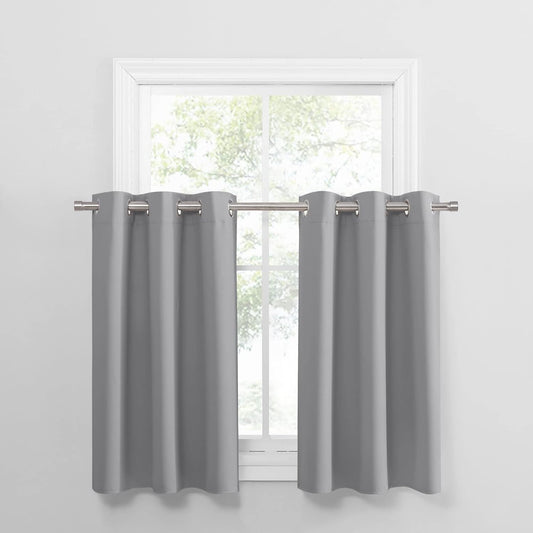 PONY DANCE Short Blackout Curtains for Kitchen, Black Out Thermal Insulated Window Drapes Grommet Room Darkening Half Window Curtains for Studio Dorm Loft(2 Panels, W 34 x L 36 inches, Silver Grey)