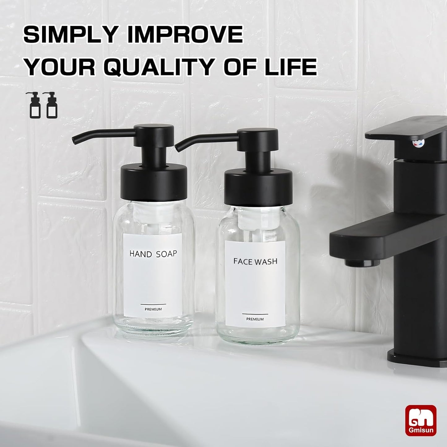 GMISUN Foam Soap Dispenser, 2 Pack 8.5 fl oz / 250 ml Clear Glass Soap Dispenser for Bathroom & Kitchen, Modern Hand Soap Dispensers, Refillable Glass Foaming Soap Dispensers with Waterproof Labels