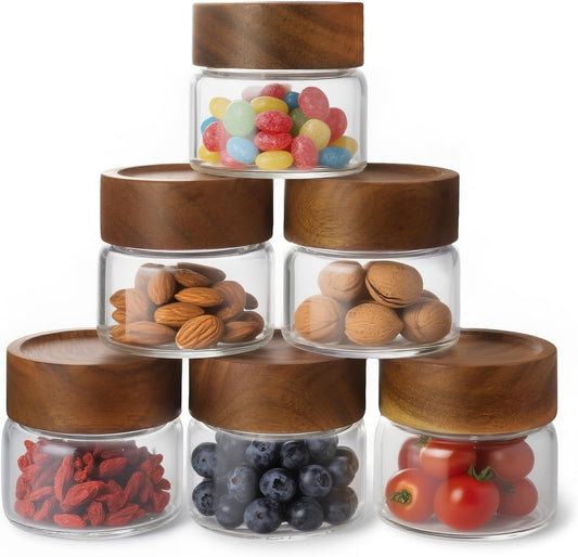 6-Pack 4 oz Stackable Airtight Glass Canisters with Acacia Lids - Small Mason Jars for Overnight Oats, Spice Storage, Herb Keepers, Pantry Organization and Dry Food Storage